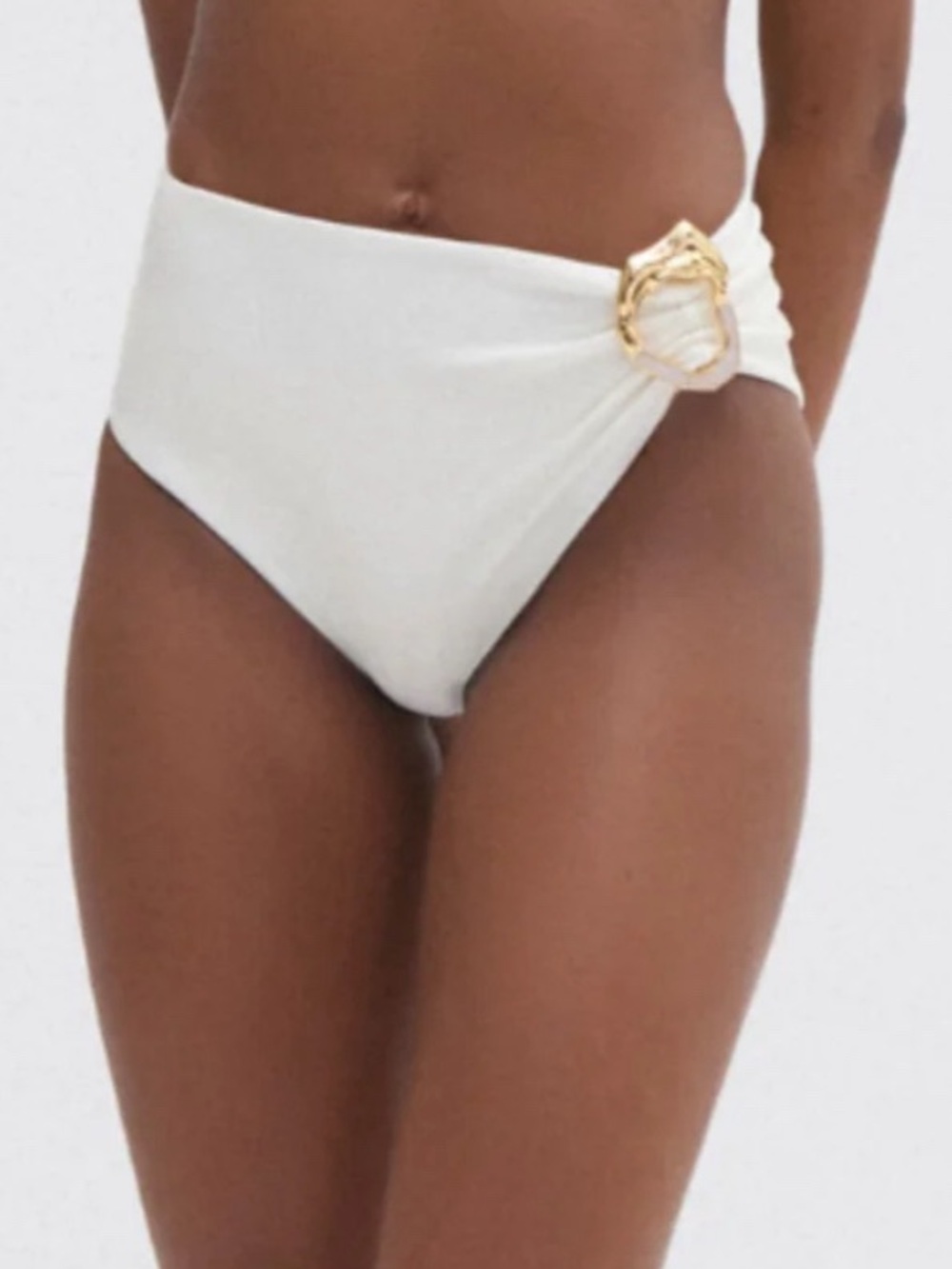 High-Waist White Bikini Bottom with Gold Decorative Buckle